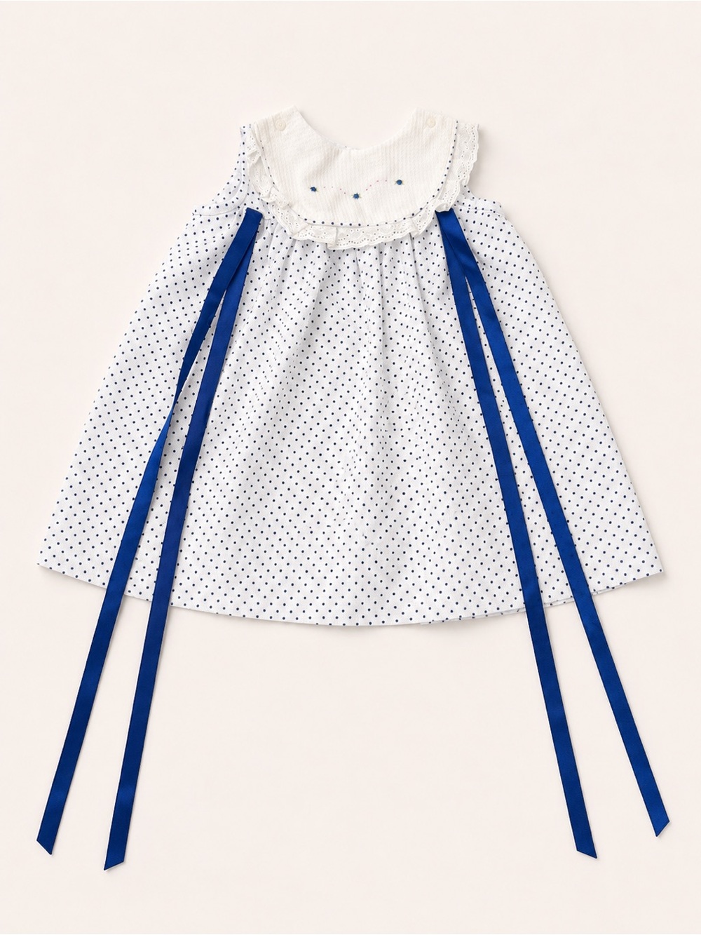 Vintage White Polka Dot Formal Girls' Dress with Royal Blue Ribbon